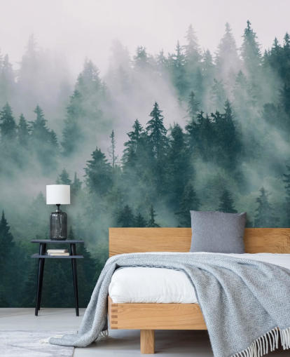 green and white customisable forest wallpaper mural called Smokey Misted Forest for bedrooms