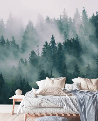 carta da parati murale personalizzabile verde e bianca chiamata Smokey Misted Forest per camere da letto