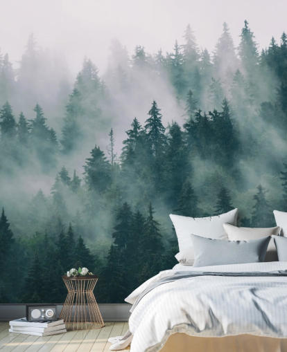 green and white customisable forest wallpaper mural called Smokey Misted Forest for bedrooms