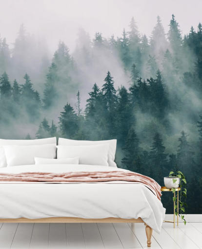 mural de papel pintado de bosque personalizable en verde y blanco llamado Smokey Misted Forest para dormitorios