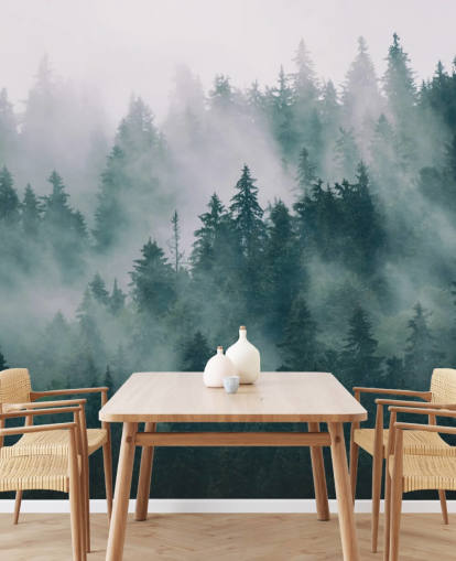 grön och vit anpassningsbar skogstapetväggmålning kallad Smokey Misted Forest för sovrum grön och vit anpassningsbar skogstapetväggmålning kallad Smokey Misted Forest för sovrum