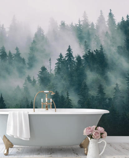 green and white customisable forest wallpaper mural called Smokey Misted Forest for bedrooms