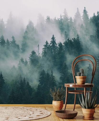 green and white customisable forest wallpaper mural called Smokey Misted Forest for bedrooms