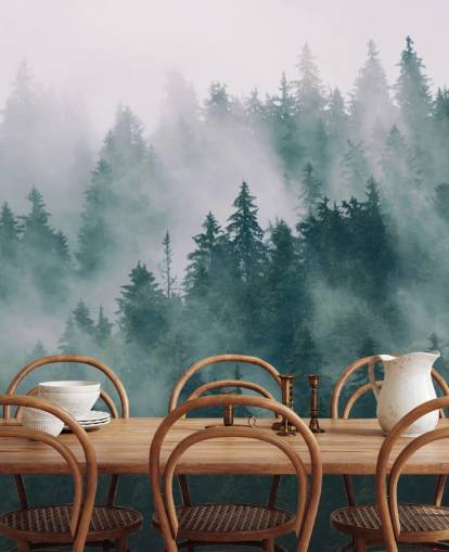 papier peint mural de forêt personnalisable vert et blanc appelé Smokey Mister Forest pour les chambres