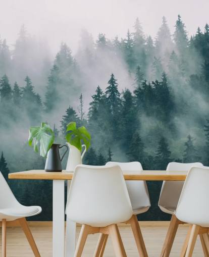 mural de papel pintado de bosque personalizable en verde y blanco llamado Smokey Misted Forest para dormitorios