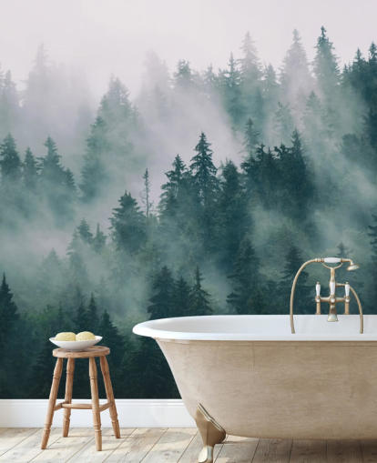 mural de papel pintado de bosque personalizable en verde y blanco llamado Smokey Misted Forest para dormitorios