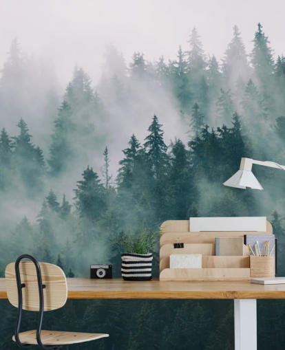 mural de papel de parede florestal personalizável verde e branco chamado Smokey Misted Forest para quartos mural de papel de parede florestal personalizável verde e branco chamado Smokey Misted Forest para quartos