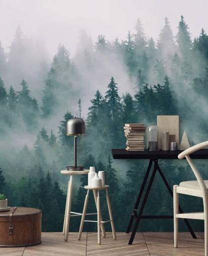 papier peint mural de forêt personnalisable vert et blanc appelé Smokey Mister Forest pour les chambres