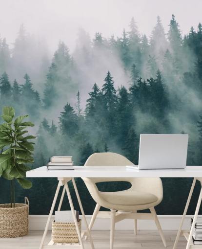 green and white customisable forest wallpaper mural called Smokey Misted Forest for bedrooms