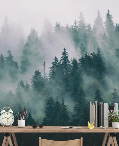 mural de papel pintado de bosque personalizable en verde y blanco llamado Smokey Misted Forest para dormitorios