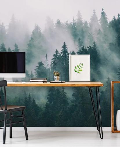 mural de papel pintado de bosque personalizable en verde y blanco llamado Smokey Misted Forest para dormitorios