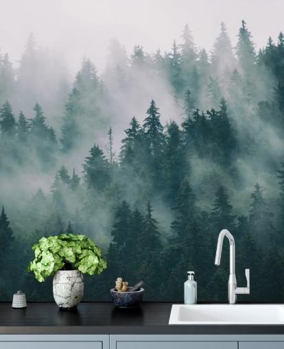 mural de papel pintado de bosque personalizable en verde y blanco llamado Smokey Misted Forest para dormitorios