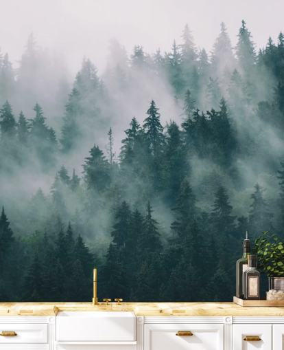 grön och vit anpassningsbar skogstapetväggmålning kallad Smokey Misted Forest för sovrum