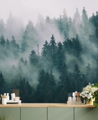 carta da parati murale personalizzabile verde e bianca chiamata Smokey Misted Forest per camere da letto