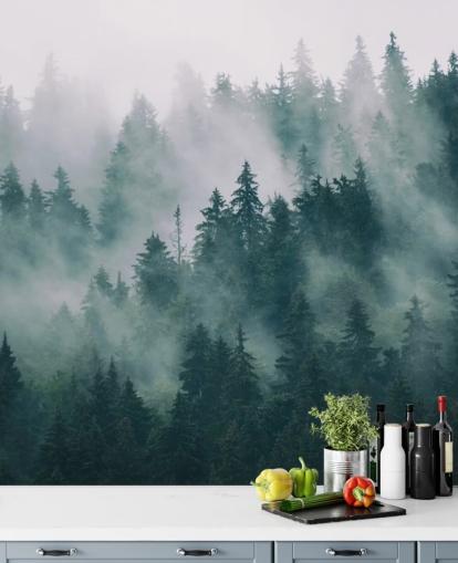 carta da parati murale personalizzabile verde e bianca chiamata Smokey Misted Forest per camere da letto