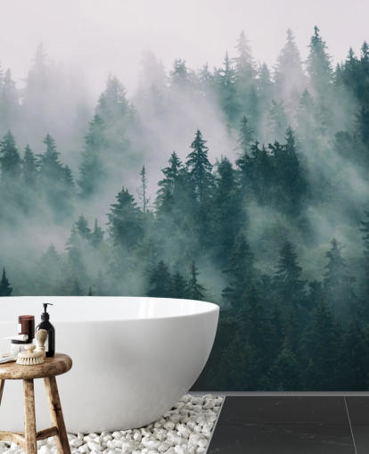 grön och vit anpassningsbar skogstapetväggmålning kallad Smokey Misted Forest för sovrum grön och vit anpassningsbar skogstapetväggmålning kallad Smokey Misted Forest för sovrum