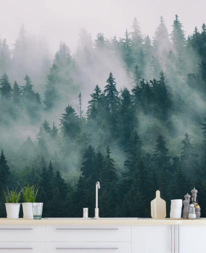 carta da parati murale personalizzabile verde e bianca chiamata Smokey Misted Forest per camere da letto