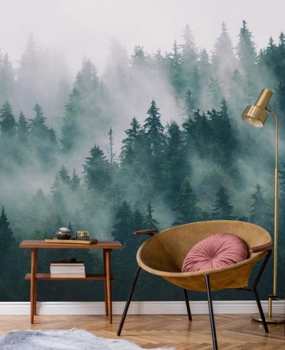 green and white customisable forest wallpaper mural called Smokey Misted Forest for bedrooms