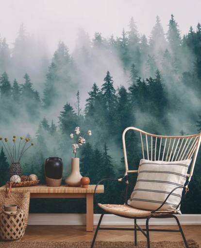 grøn og hvid tilpasselig skov tapet vægmaleri kaldet Smokey Misted Forest til soveværelser