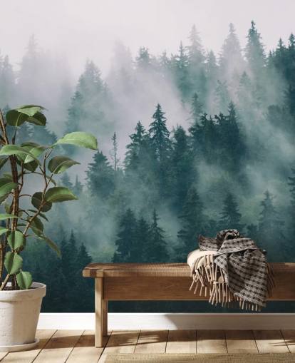 grøn og hvid tilpasselig skov tapet vægmaleri kaldet Smokey Misted Forest til soveværelser