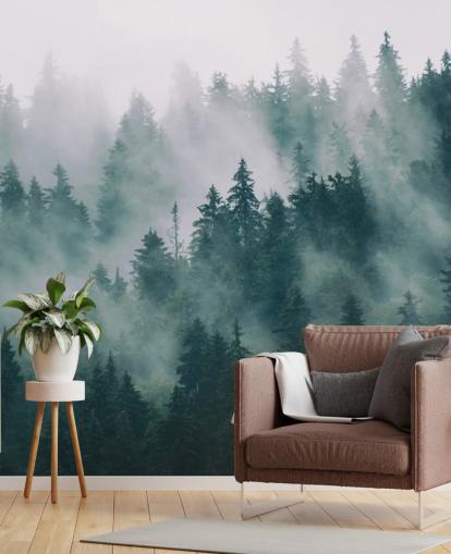 papier peint mural de forêt personnalisable vert et blanc appelé Smokey Mister Forest pour les chambres