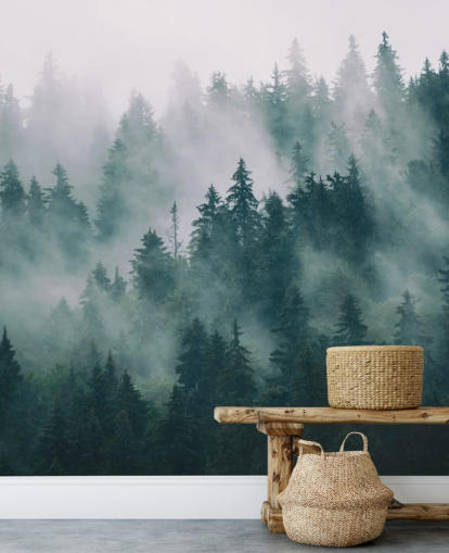 mural de papel de parede florestal personalizável verde e branco chamado Smokey Misted Forest para quartos