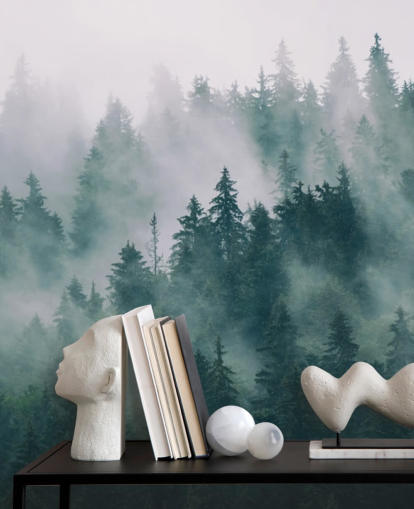 carta da parati murale personalizzabile verde e bianca chiamata Smokey Misted Forest per camere da letto
