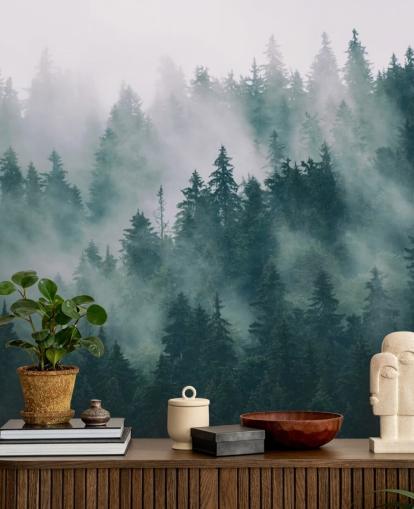 groen-witte aanpasbare bosbehangmuurschildering genaamd Smokey Misted Forest voor slaapkamers