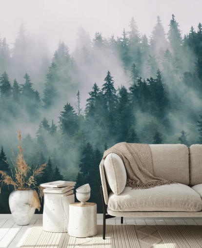 carta da parati murale personalizzabile verde e bianca chiamata Smokey Misted Forest per camere da letto