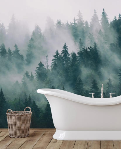 papier peint mural de forêt personnalisable vert et blanc appelé Smokey Mister Forest pour les chambres