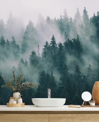 papier peint mural de forêt personnalisable vert et blanc appelé Smokey Mister Forest pour les chambres