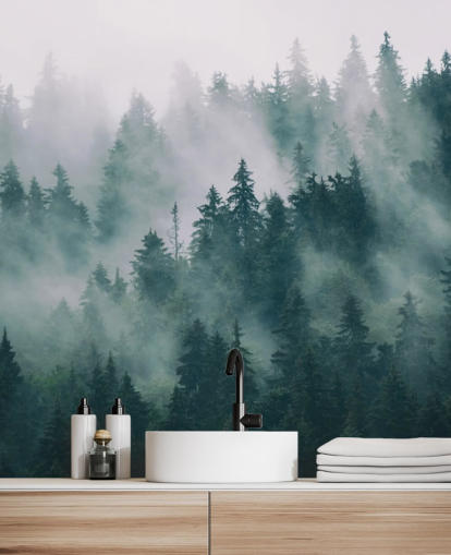 grønt og hvitt tilpassbart skogtapet veggmaleri kalt Smokey Misted Forest for soverom