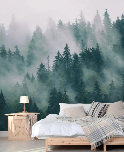 Grün-weiße anpassbare Wald-Wandtapete namens Smokey Misted Forest für Schlafzimmer