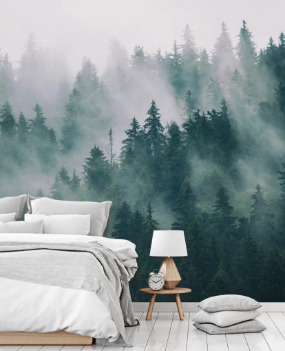papier peint mural de forêt personnalisable vert et blanc appelé Smokey Mister Forest pour les chambres