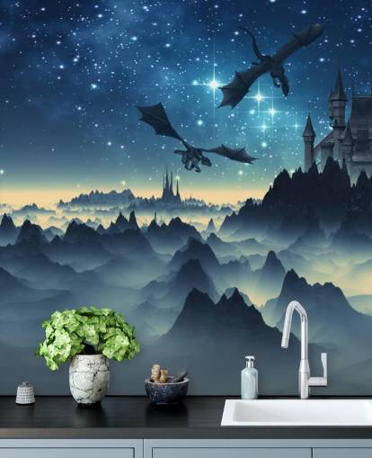 donkerblauw dragon kingdom behang