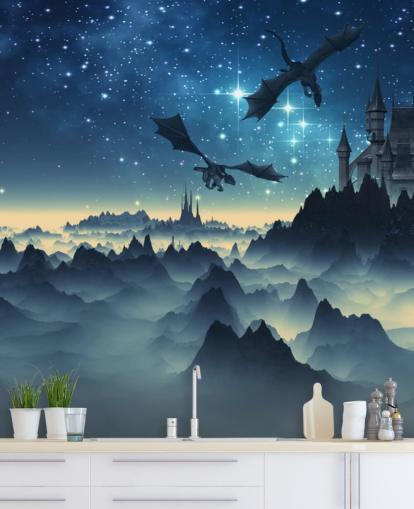 donkerblauw dragon kingdom behang