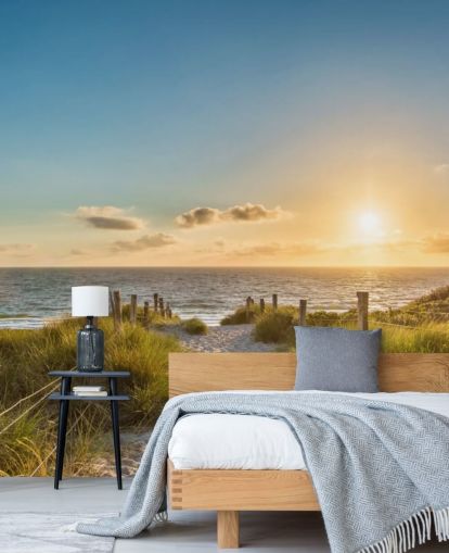 mural de papel pintado verde y azul de playa al atardecer llamado El camino al mar para baños, cocinas y oficinas en casa 