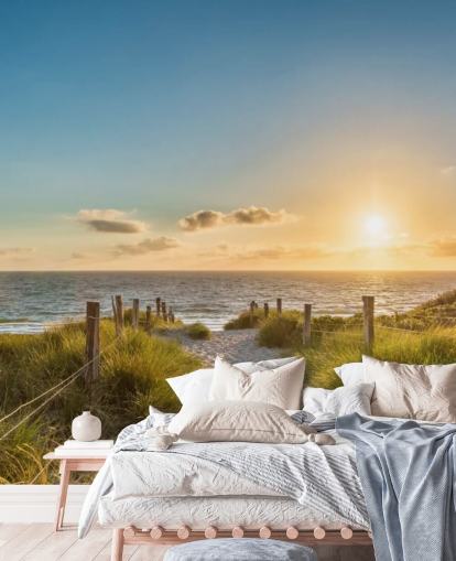 green and blue beach sunset wallpaper mural called The Way to the Sea for bathrooms, kitchens and home offices 