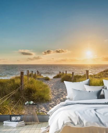 grüne und blaue Strand-Tapete mit dem Titel Der Weg zum Meer bei Sonnenuntergang für Badezimmer, Küchen und Heimbüros 