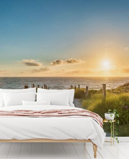 green and blue beach sunset wallpaper mural called The Way to the Sea for bathrooms, kitchens and home offices 