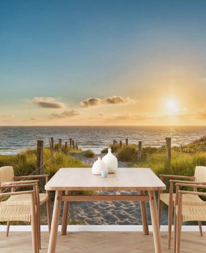 green and blue beach sunset wallpaper mural called The Way to the Sea for bathrooms, kitchens and home offices 