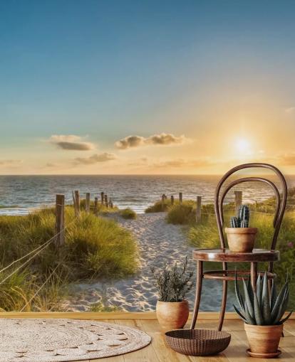 green and blue beach sunset wallpaper mural called The Way to the Sea for bathrooms, kitchens and home offices 