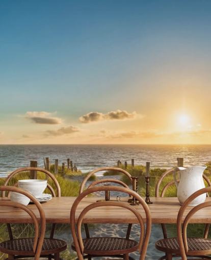 grüne und blaue Strand-Tapete mit dem Titel Der Weg zum Meer bei Sonnenuntergang für Badezimmer, Küchen und Heimbüros grüne und blaue Strand-Tapete mit dem Titel Der Weg zum Meer bei Sonnenuntergang für Badezimmer, Küchen und Heimbüros