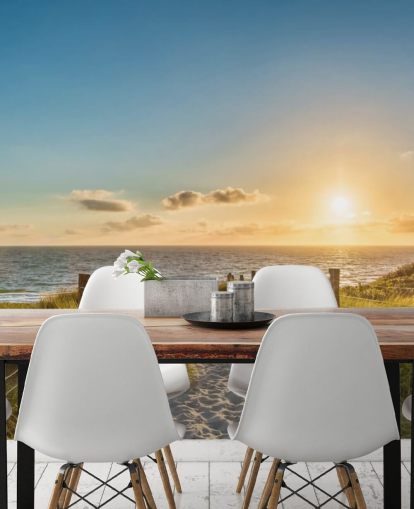 green and blue beach sunset wallpaper mural called The Way to the Sea for bathrooms, kitchens and home offices 
