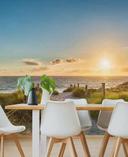green and blue beach sunset wallpaper mural called The Way to the Sea for bathrooms, kitchens and home offices 