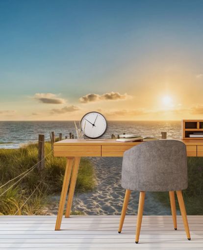 green and blue beach sunset wallpaper mural called The Way to the Sea for bathrooms, kitchens and home offices 