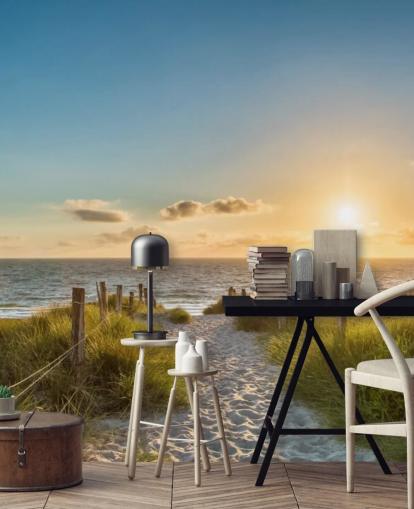 green and blue beach sunset wallpaper mural called The Way to the Sea for bathrooms, kitchens and home offices 