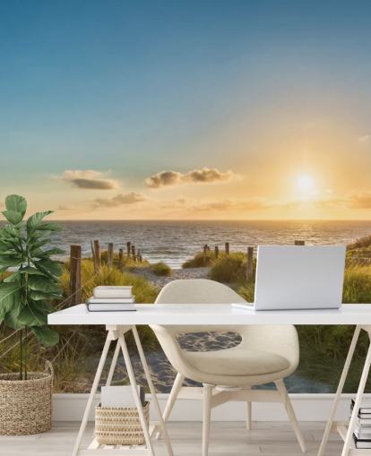 green and blue beach sunset wallpaper mural called The Way to the Sea for bathrooms, kitchens and home offices green and blue beach sunset wallpaper mural called The Way to the Sea for bathrooms, kitchens and home offices