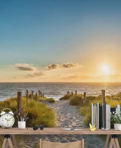 green and blue beach sunset wallpaper mural called The Way to the Sea for bathrooms, kitchens and home offices 