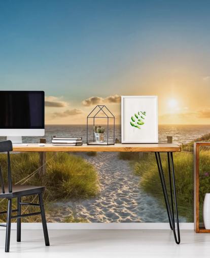 green and blue beach sunset wallpaper mural called The Way to the Sea for bathrooms, kitchens and home offices 